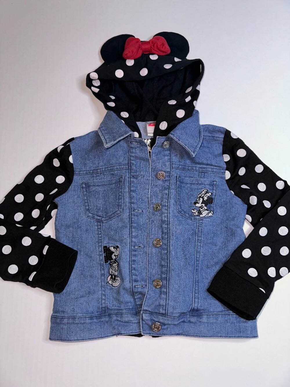 Disney Junior Minnie Mouse Girls Hooded Denim Jacket Polka Dot Size 5 #739